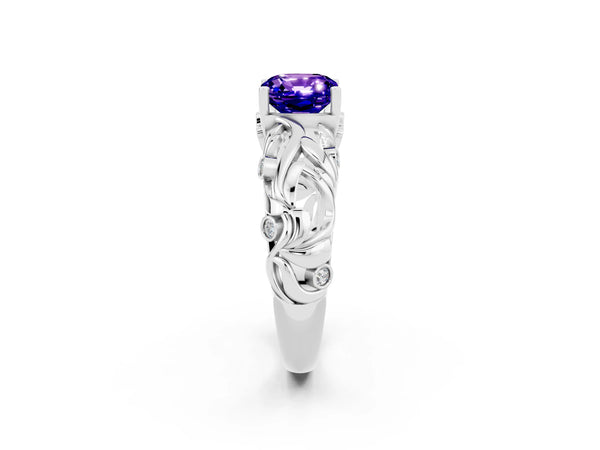 White gold Cushion Cut Solitaire Tanzanite Leaf-Inspired Vine Band Ring with Prong Setting