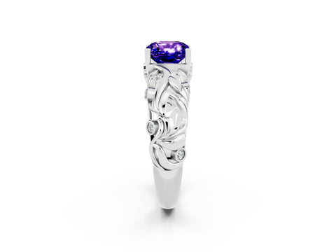 White gold Cushion Cut Solitaire Tanzanite Leaf-Inspired Vine Band Ring with Prong Setting_2