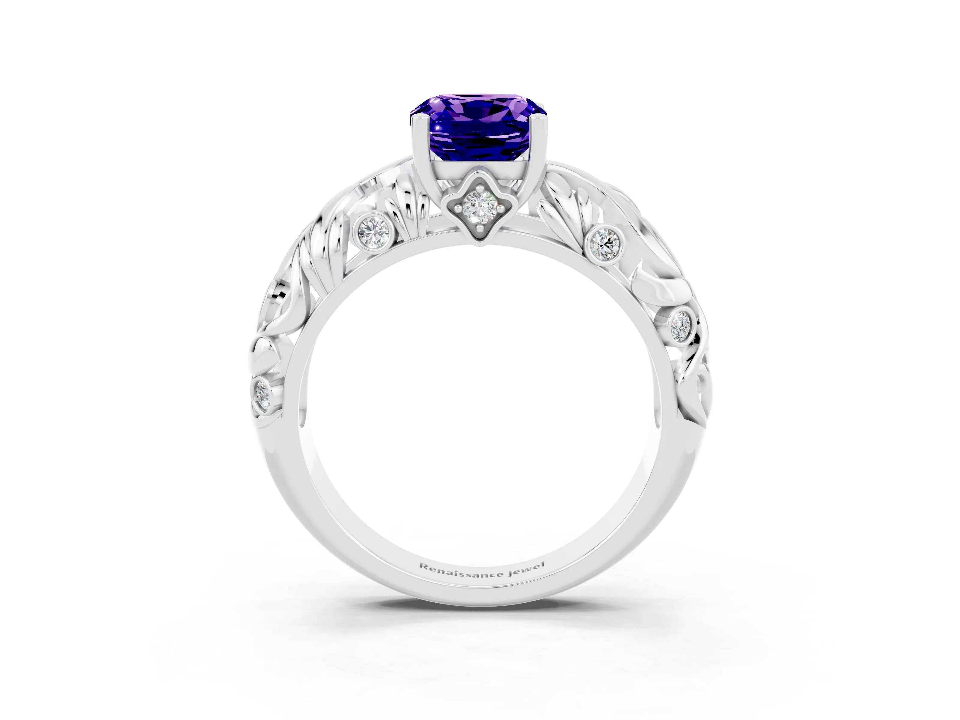 White gold Cushion Cut Solitaire Tanzanite Leaf-Inspired Vine Band Ring with Prong Setting_3