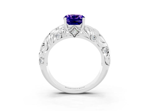 White gold Cushion Cut Solitaire Tanzanite Leaf-Inspired Vine Band Ring with Prong Setting_3