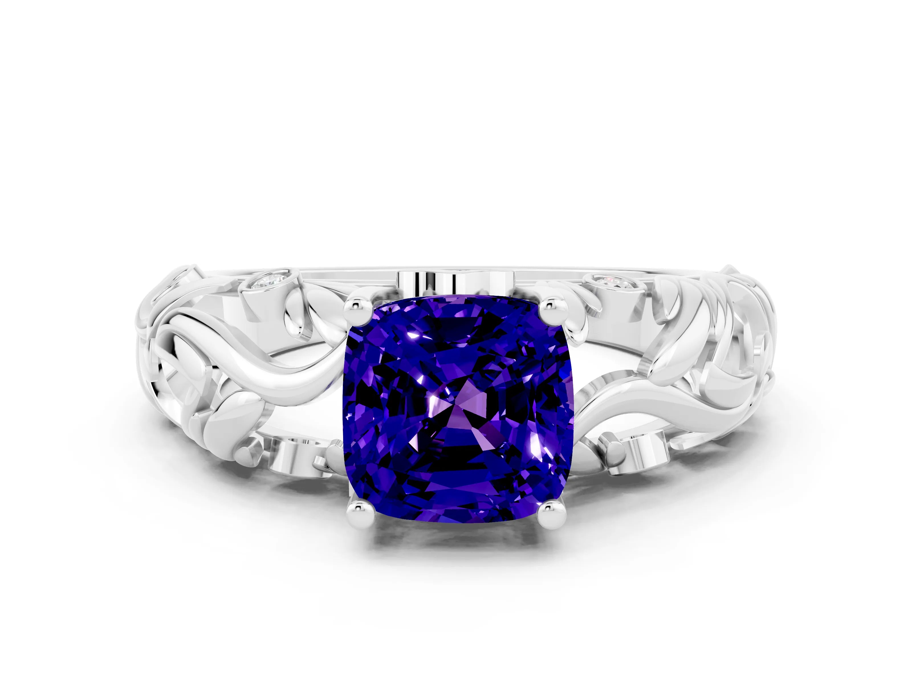 White gold Cushion Cut Solitaire Tanzanite Leaf-Inspired Vine Band Ring with Prong Setting