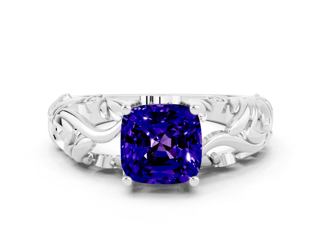 White gold Cushion Cut Solitaire Tanzanite Leaf-Inspired Vine Band Ring with Prong Setting