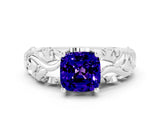White gold Cushion Cut Solitaire Tanzanite Leaf-Inspired Vine Band Ring with Prong Setting