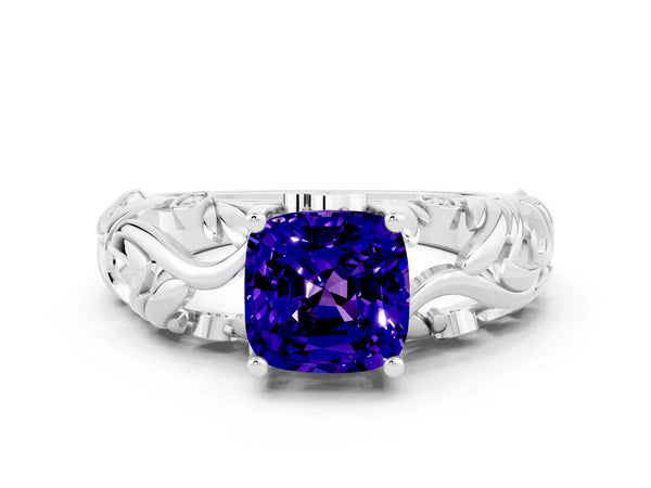 Silver Cushion Cut Solitaire Tanzanite Leaf-Inspired Vine Band Ring with Prong Setting