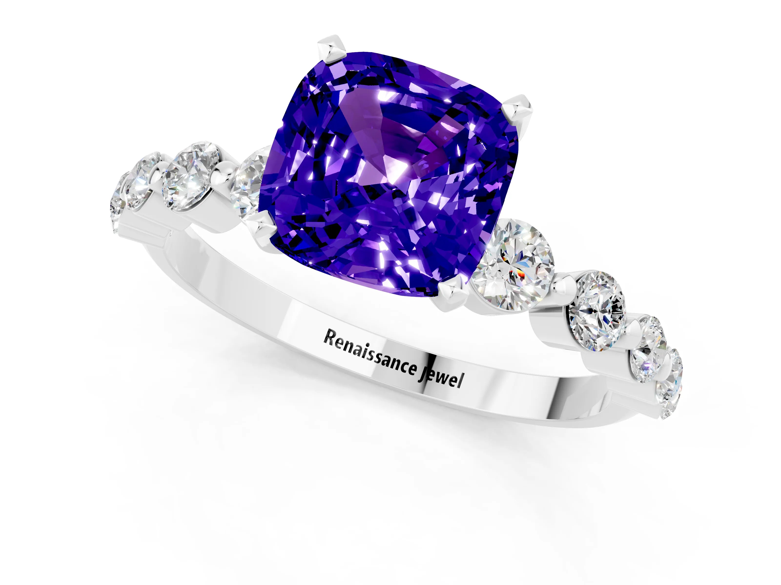 White gold Cushion Cut Solitaire Tanzanite Ring with Pave Band and Four-Prong Setting_1