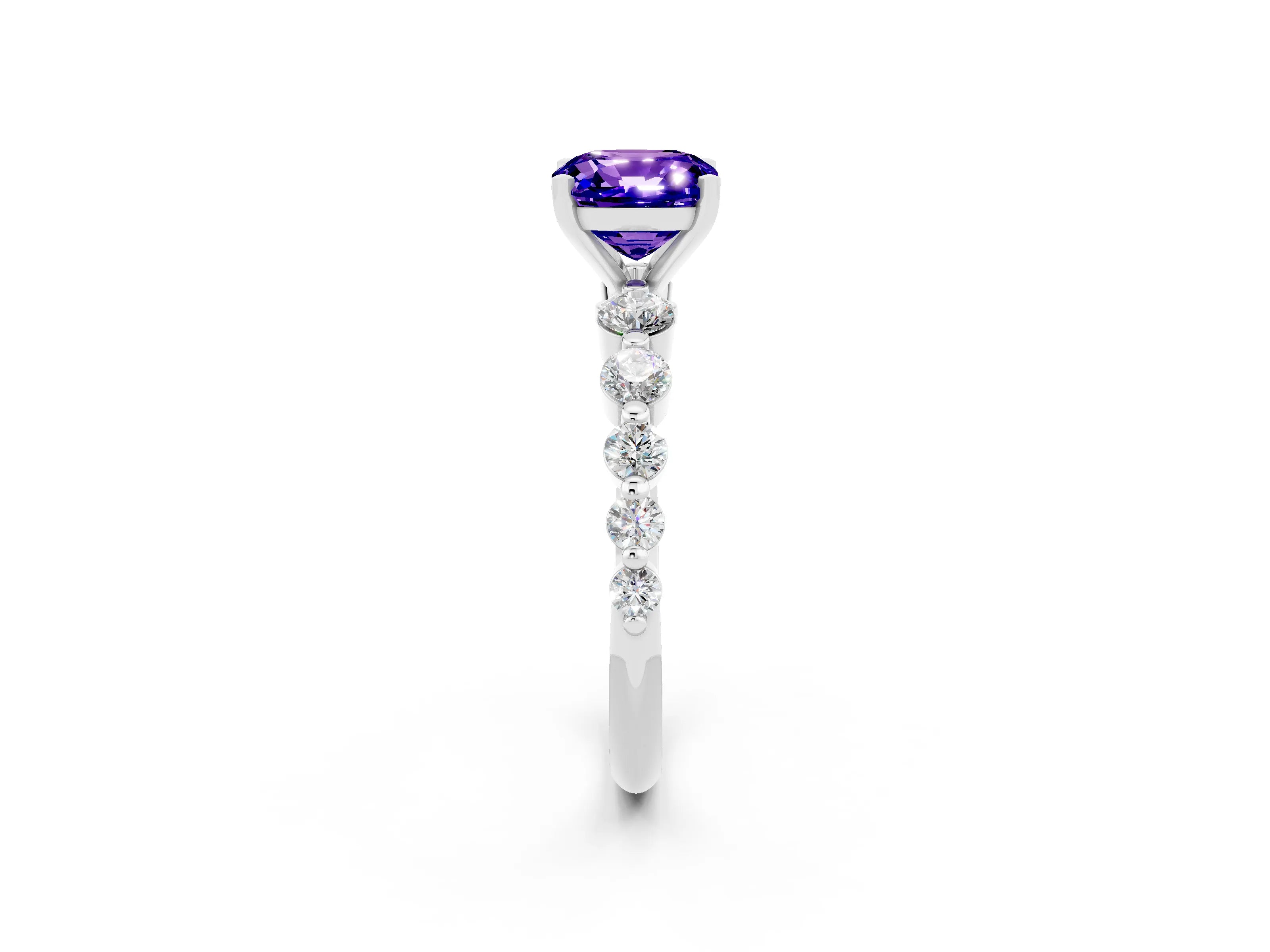 White gold Cushion Cut Solitaire Tanzanite Ring with Pave Band and Four-Prong Setting_2