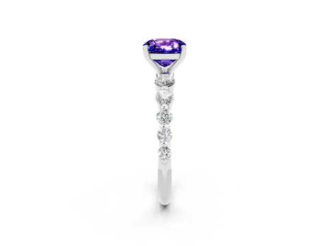 White gold Cushion Cut Solitaire Tanzanite Ring with Pave Band and Four-Prong Setting_2