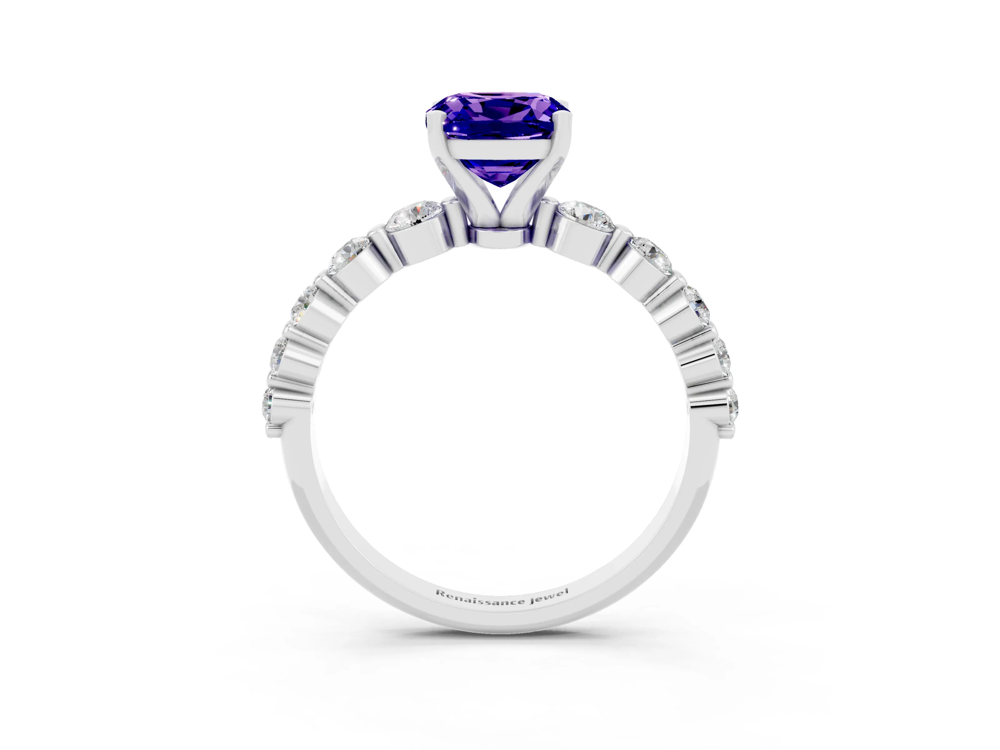 White gold Cushion Cut Solitaire Tanzanite Ring with Pave Band and Four-Prong Setting_3