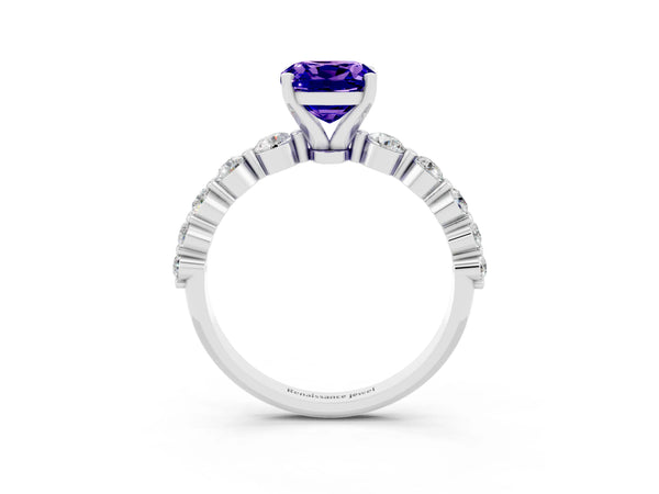 White gold Cushion Cut Solitaire Tanzanite Ring with Pave Band and Four-Prong Setting