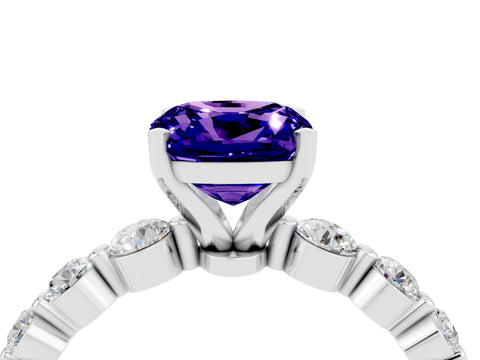 White gold Cushion Cut Solitaire Tanzanite Ring with Pave Band and Four-Prong Setting_4