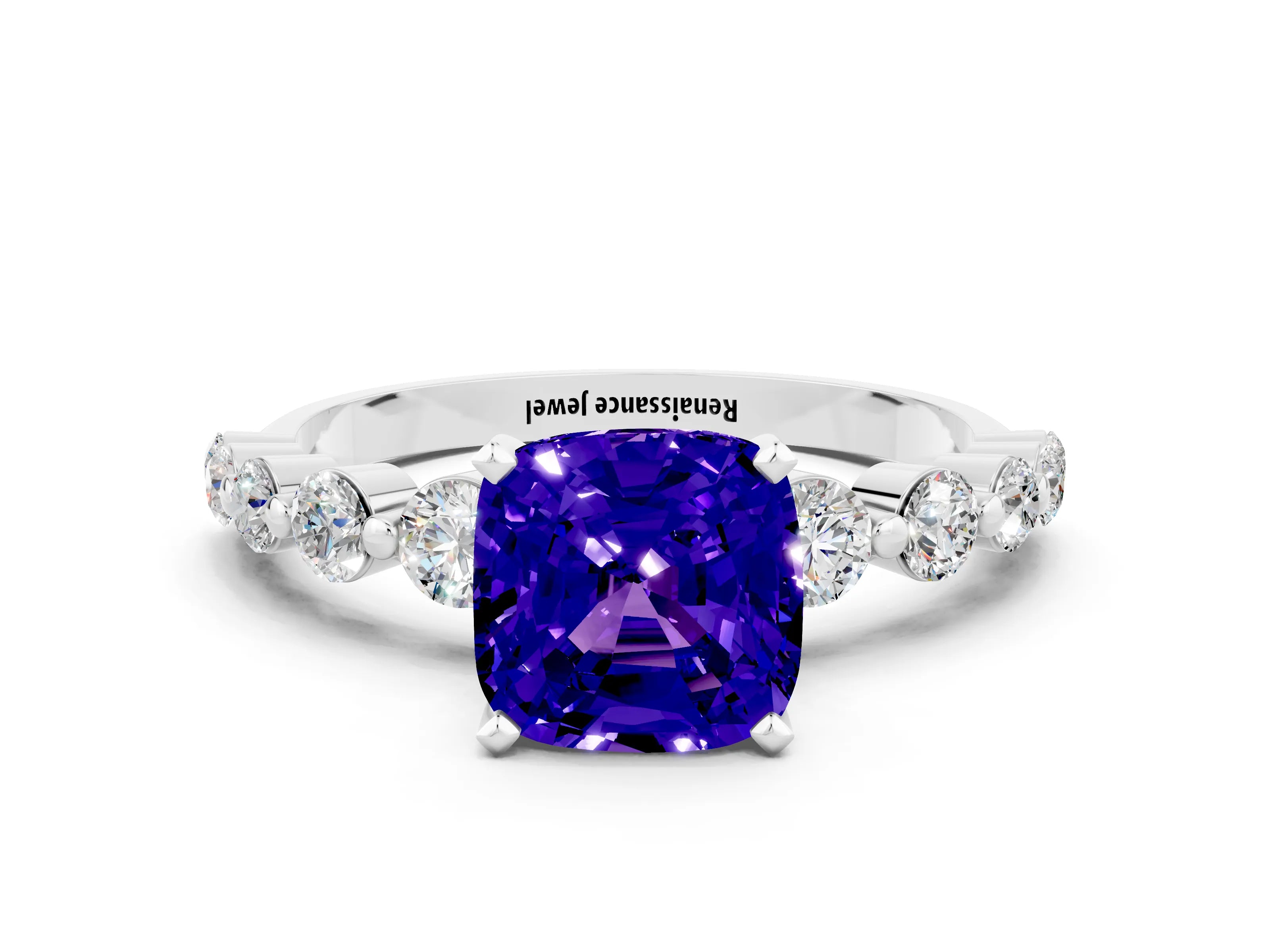 White gold Cushion Cut Solitaire Tanzanite Ring with Pave Band and Four-Prong Setting