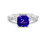 White gold Cushion Cut Solitaire Tanzanite Ring with Pave Band and Four-Prong Setting