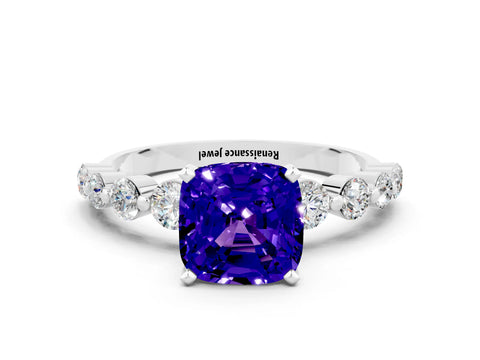 White gold Cushion Cut Solitaire Tanzanite Ring with Pave Band and Four-Prong Setting
