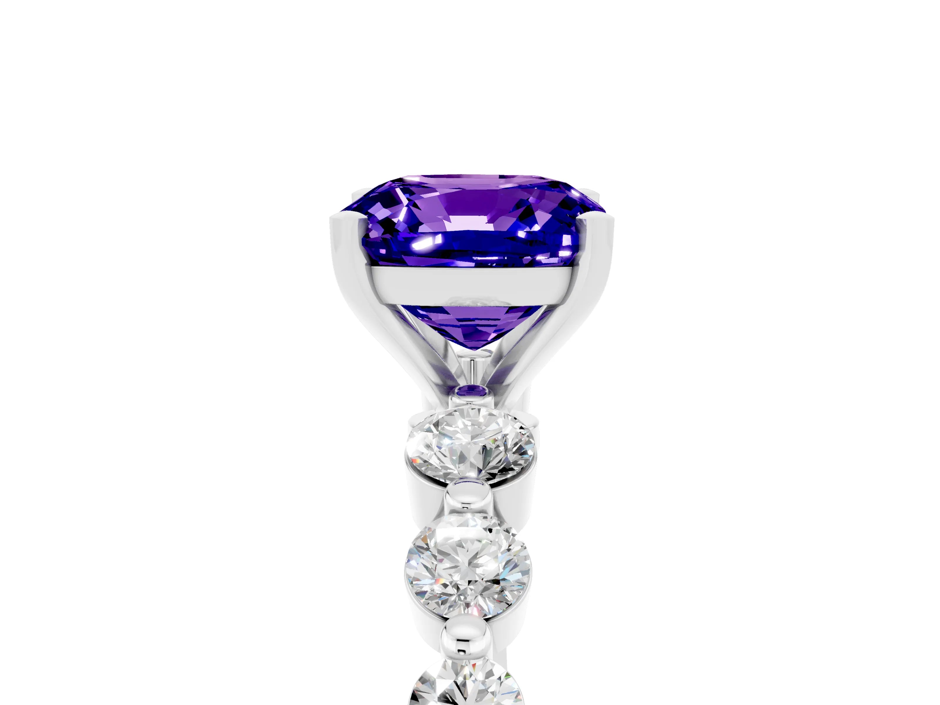 White gold Cushion Cut Solitaire Tanzanite Ring with Pave Band and Four-Prong Setting_5
