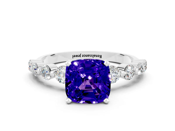 Silver Cushion Cut Solitaire Tanzanite Ring with Pave Band and Four-Prong Setting