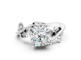 White gold Cushion Cut Solitaire Twist Engagement Ring with Leaf Accents and Prong Setting_19