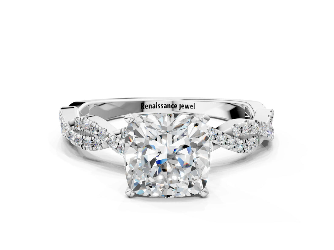 White gold Cushion Cut Solitaire Twisted Pave Band with Four-Prong Setting_4