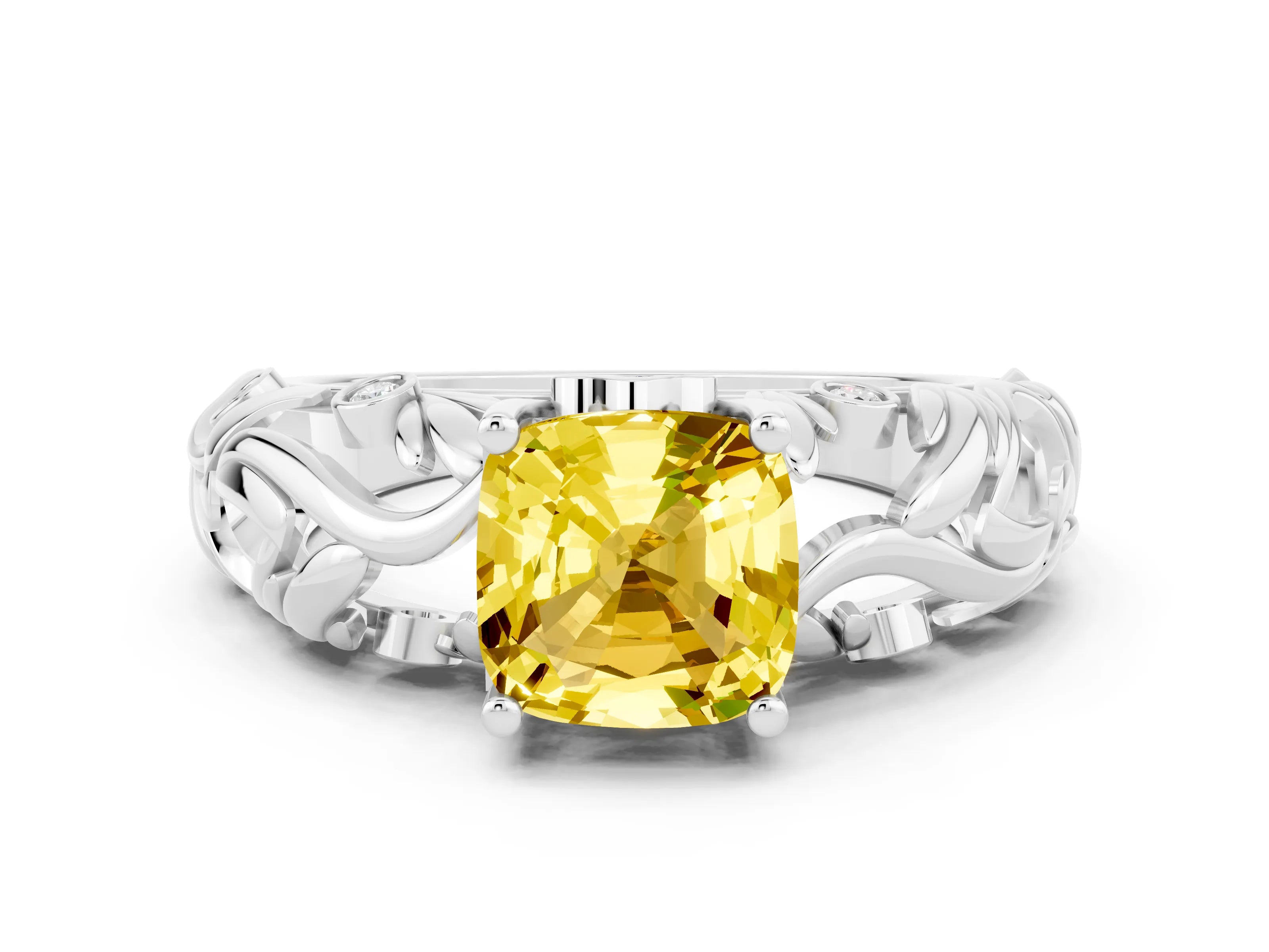 White gold Cushion Cut Solitaire Yellow Sapphire Leaf-Inspired Vine Band Ring with Prong Setting_24
