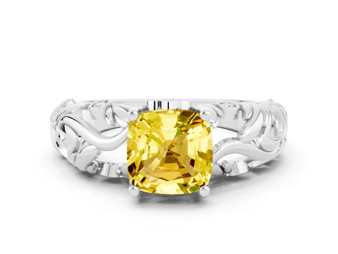 White gold Cushion Cut Solitaire Yellow Sapphire Leaf-Inspired Vine Band Ring with Prong Setting_24