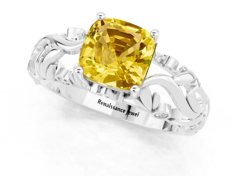 White gold Cushion Cut Solitaire Yellow Sapphire Leaf-Inspired Vine Band Ring with Prong Setting_25