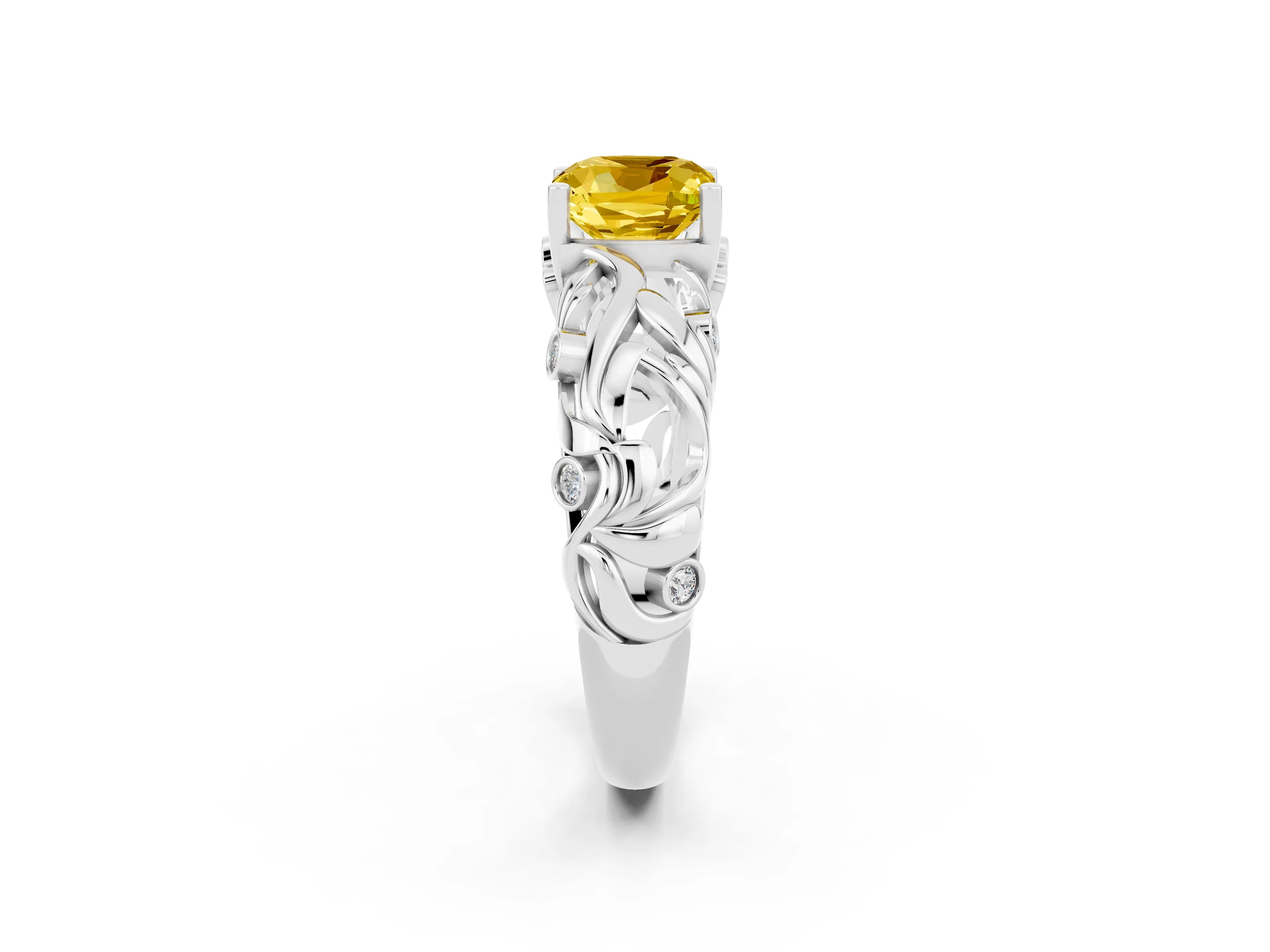 White gold Cushion Cut Solitaire Yellow Sapphire Leaf-Inspired Vine Band Ring with Prong Setting_26