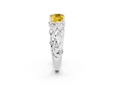 White gold Cushion Cut Solitaire Yellow Sapphire Leaf-Inspired Vine Band Ring with Prong Setting_26