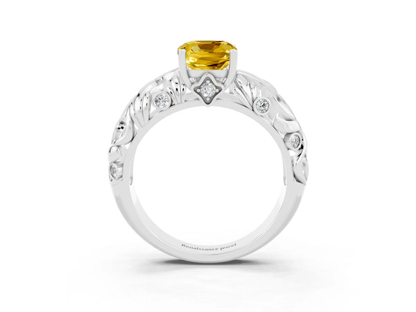 Platinum Cushion Cut Solitaire Yellow Sapphire Leaf-Inspired Vine Band Ring with Prong Setting