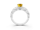 White gold Cushion Cut Solitaire Yellow Sapphire Leaf-Inspired Vine Band Ring with Prong Setting_27