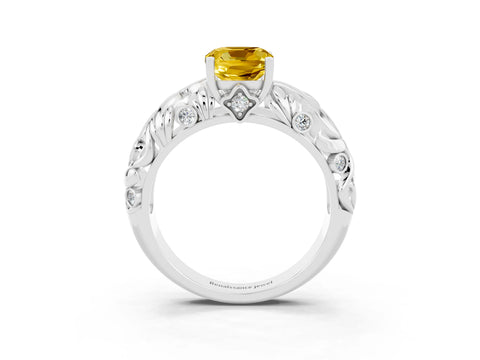 White gold Cushion Cut Solitaire Yellow Sapphire Leaf-Inspired Vine Band Ring with Prong Setting_27