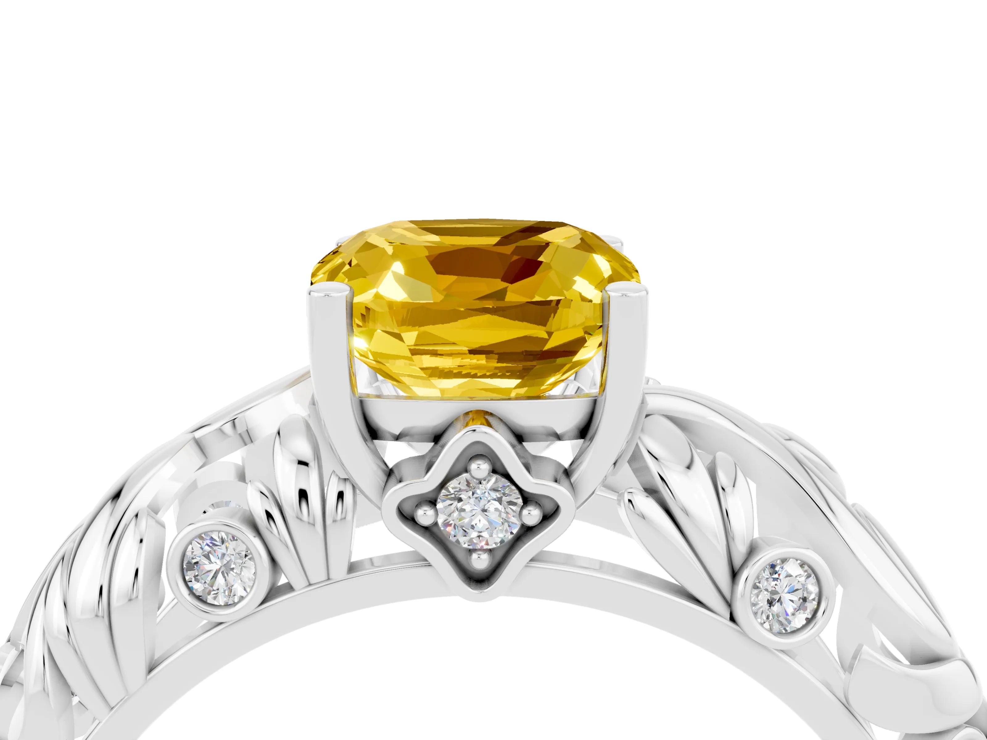 White gold Cushion Cut Solitaire Yellow Sapphire Leaf-Inspired Vine Band Ring with Prong Setting_28