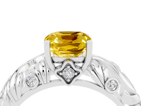 White gold Cushion Cut Solitaire Yellow Sapphire Leaf-Inspired Vine Band Ring with Prong Setting_28