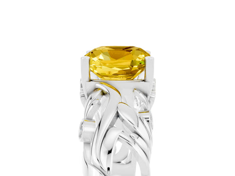 White gold Cushion Cut Solitaire Yellow Sapphire Leaf-Inspired Vine Band Ring with Prong Setting_29