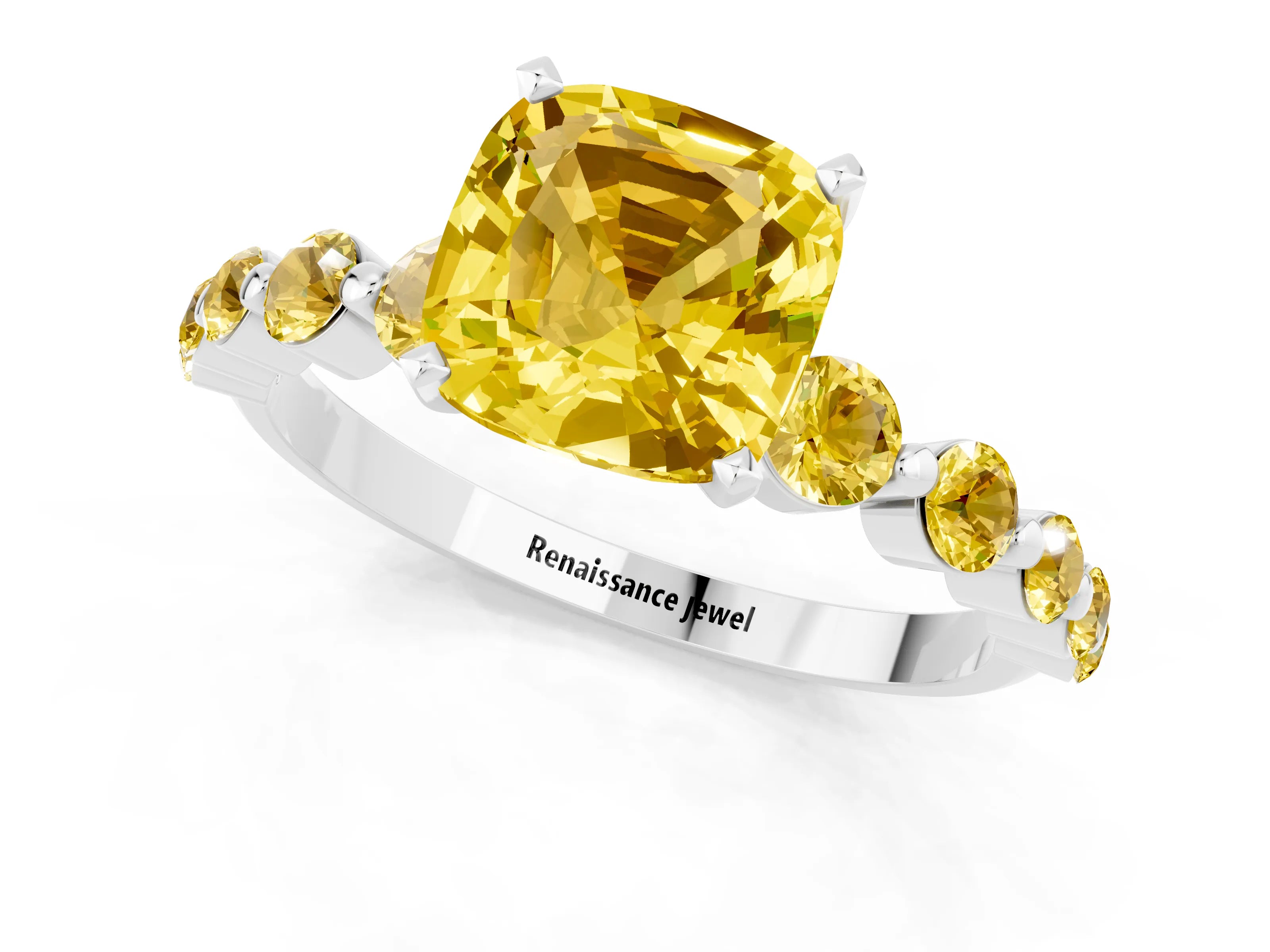 White gold Cushion Cut Solitaire Yellow Sapphire Ring with Pave Band and Four-Prong Setting_1