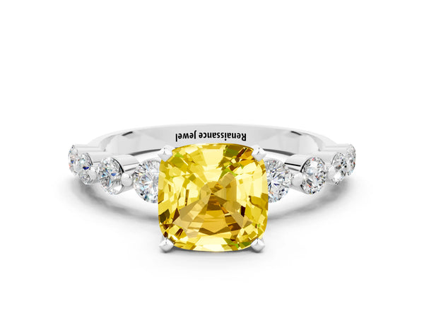 White gold Cushion Cut Solitaire Yellow Sapphire Ring with Pave Band and Four-Prong Setting