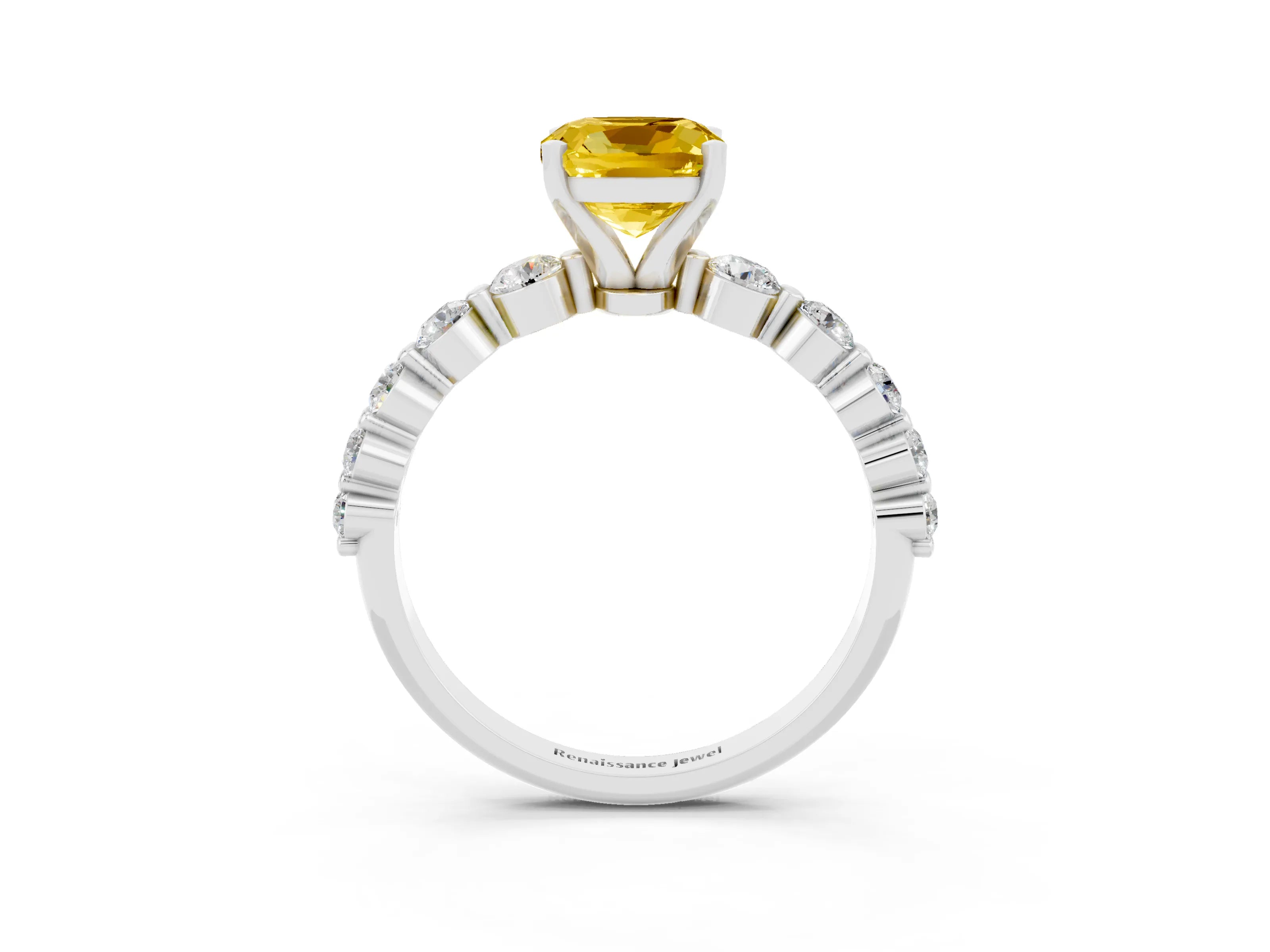 White gold Cushion Cut Solitaire Yellow Sapphire Ring with Pave Band and Four-Prong Setting_27