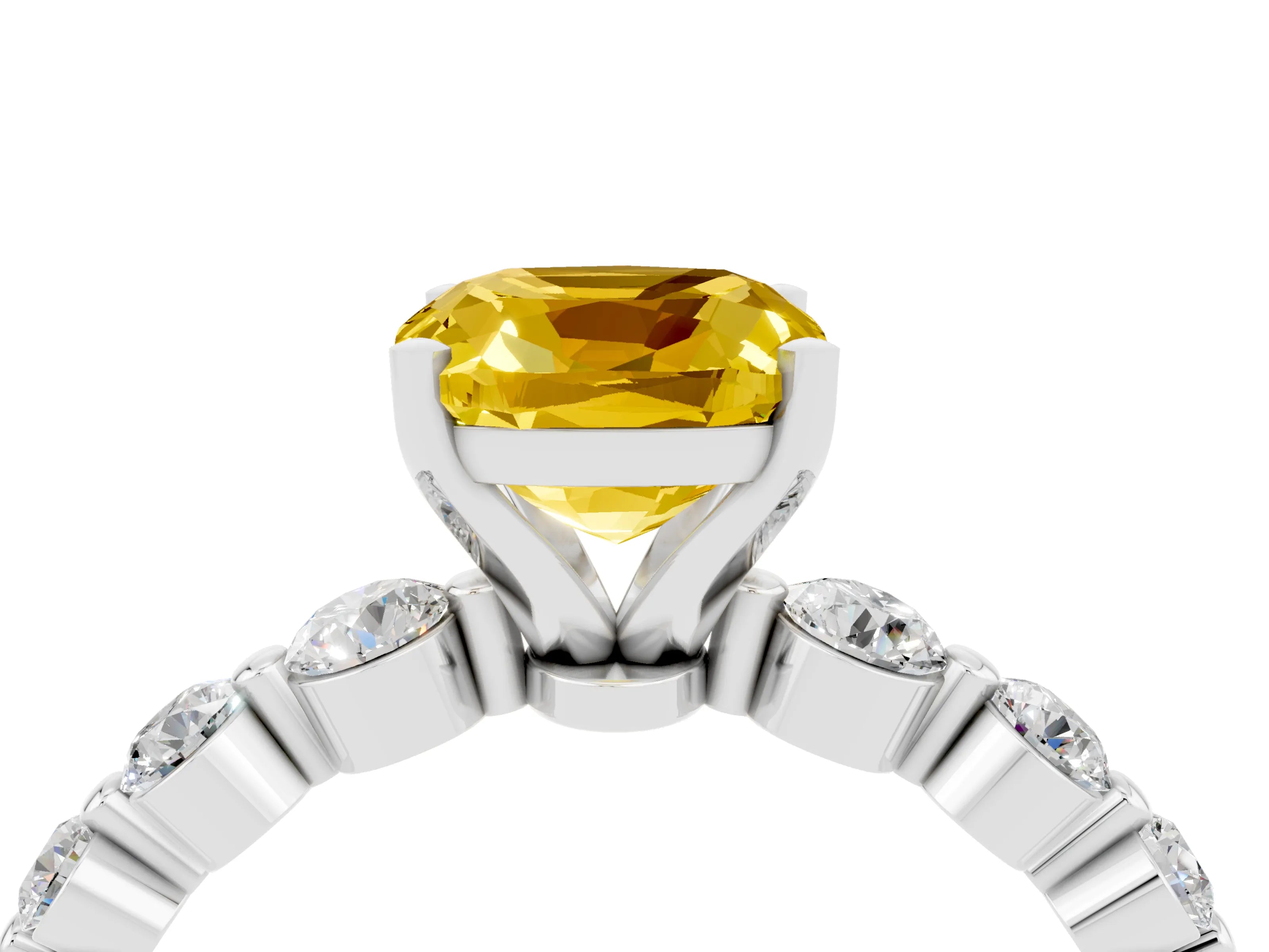 White gold Cushion Cut Solitaire Yellow Sapphire Ring with Pave Band and Four-Prong Setting_28
