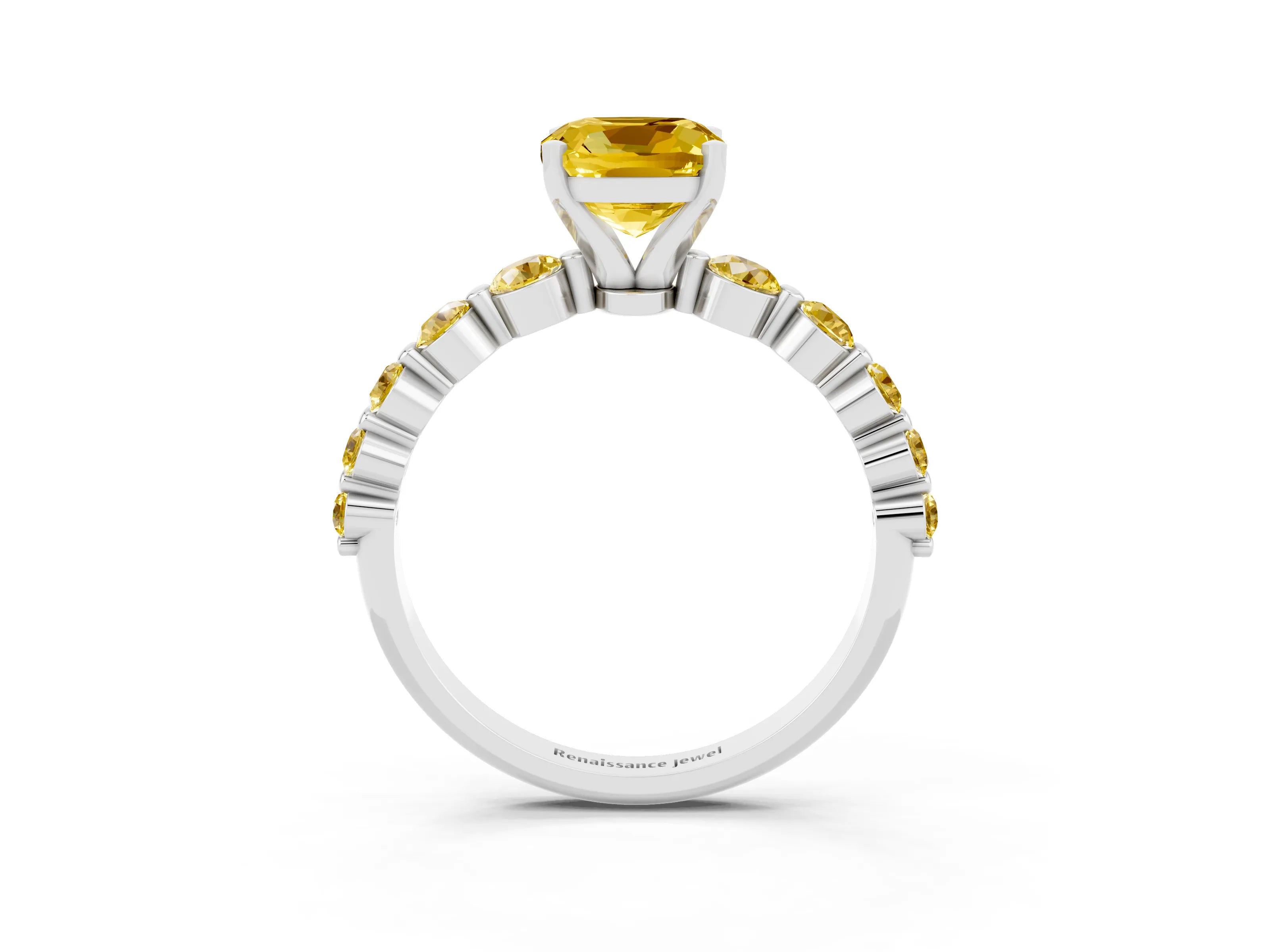 White gold Cushion Cut Solitaire Yellow Sapphire Ring with Pave Band and Four-Prong Setting_3