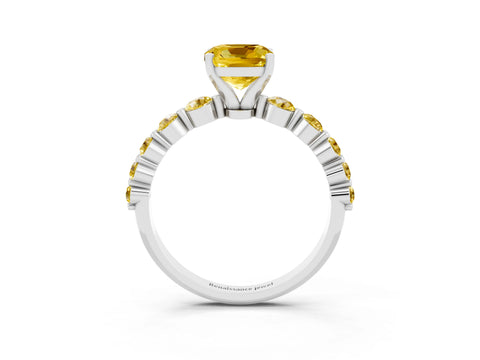 White gold Cushion Cut Solitaire Yellow Sapphire Ring with Pave Band and Four-Prong Setting_3