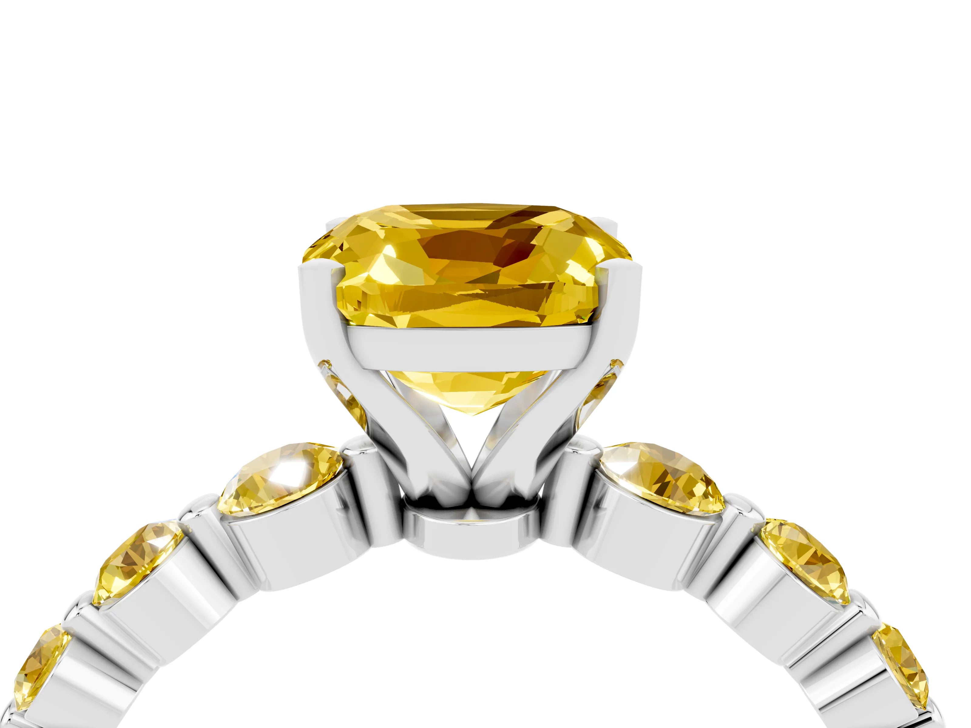 White gold Cushion Cut Solitaire Yellow Sapphire Ring with Pave Band and Four-Prong Setting_4