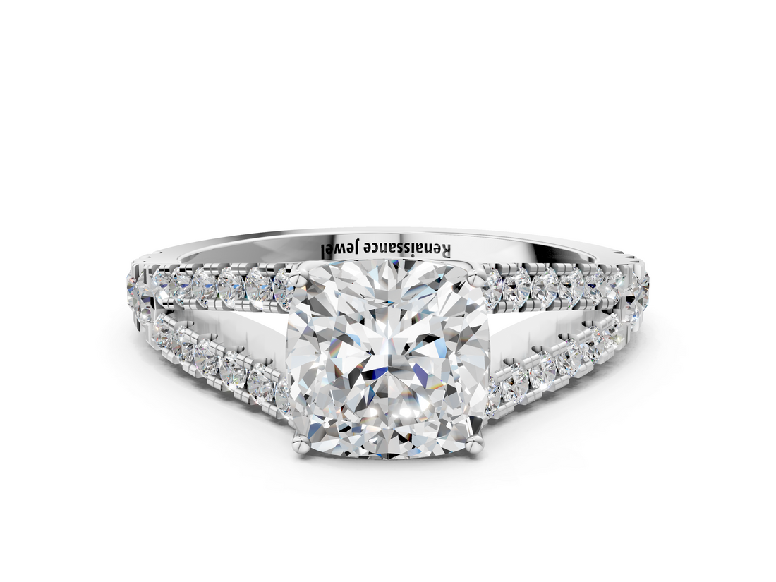 White gold Cushion Cut Split Shank Pave Diamond Engagement Ring with Four-Prong Setting_28
