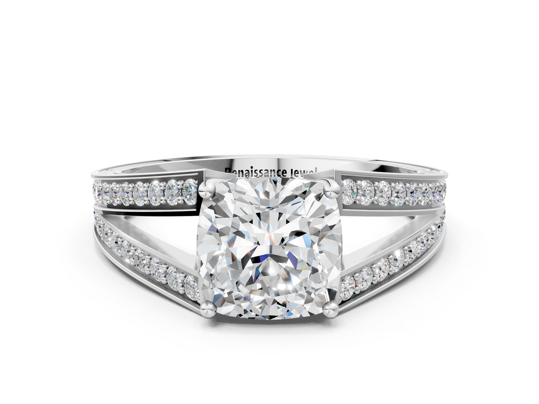 White gold Cushion Cut Split Shank Pave Diamond Ring with Four-Prong Setting_32