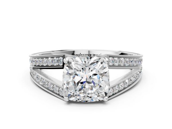 White Gold Cushion Cut Split Shank Engagement Ring Setting with Pave Band and Engraved Sides
