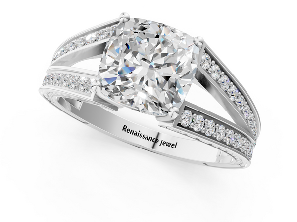 Platinum Cushion Cut Split Shank Engagement Ring Setting with Pave Band and Engraved Sides