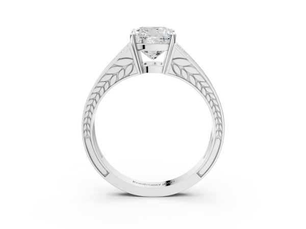 Platinum Cushion Cut Split Shank Engagement Ring Setting with Pave Band and Engraved Sides