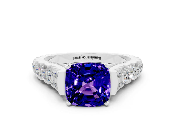 Platinum Cushion Cut Tanzanite Classic Solitaire Ring with Pavé Band and Four-Prong Setting