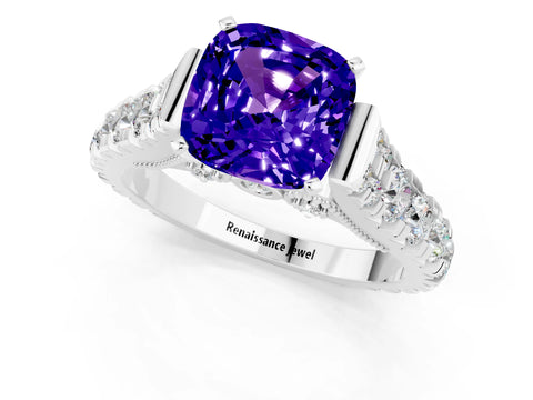 White gold Cushion Cut Tanzanite Classic Solitaire Ring with Pavé Band and Four-Prong Setting_1