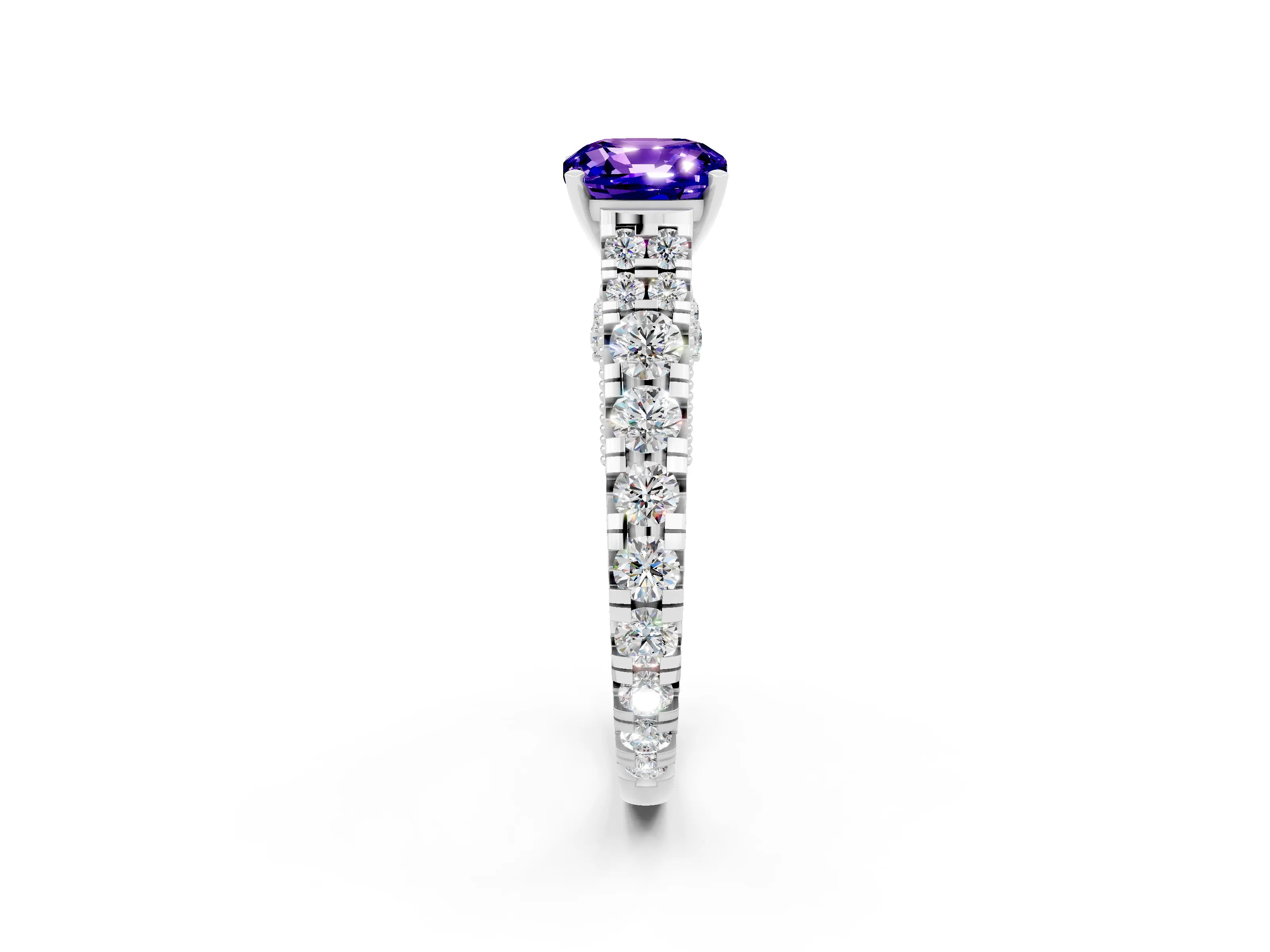 White gold Cushion Cut Tanzanite Classic Solitaire Ring with Pavé Band and Four-Prong Setting_2