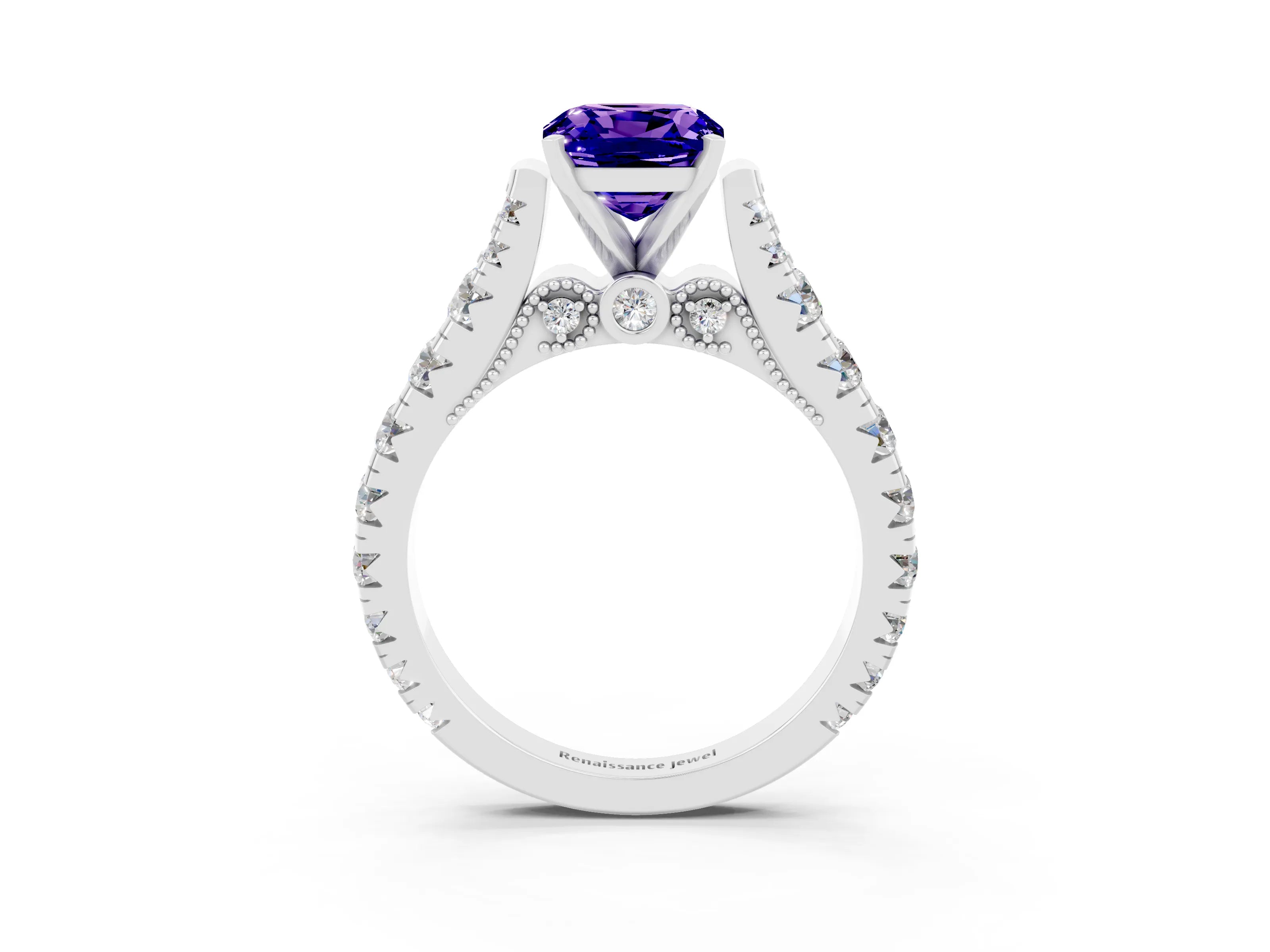 White gold Cushion Cut Tanzanite Classic Solitaire Ring with Pavé Band and Four-Prong Setting_3