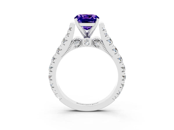 White gold Cushion Cut Tanzanite Classic Solitaire Ring with Pavé Band and Four-Prong Setting