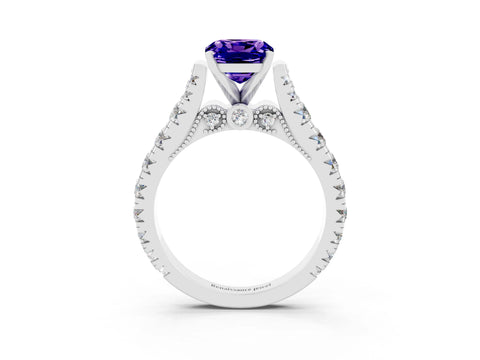 White gold Cushion Cut Tanzanite Classic Solitaire Ring with Pavé Band and Four-Prong Setting_3